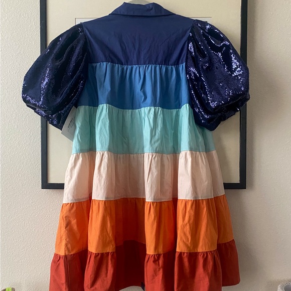 QUEEN OF SPARKLES Multi Tiered Sequin Sleeve Striped Dress- Navy - Picture 3 of 3